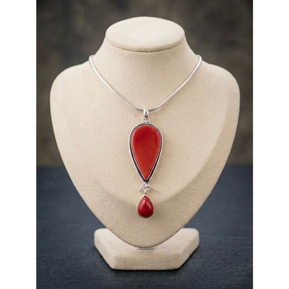 Southwestern Red Coral Gemstone Teardrop Necklace Silver Pendant Artisan Boho